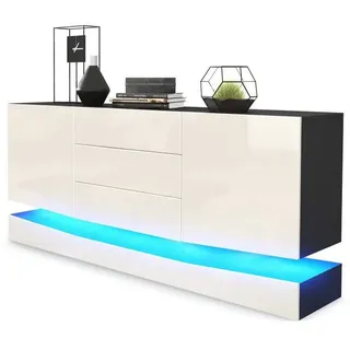 Vladon Sideboard City (Kommode mit 2 Türen, und 3 Schubladen inkl. LED-Beleuchtung), Schwarz matt/Creme Hochglanz (178 x 72 x 38 cm) gelb