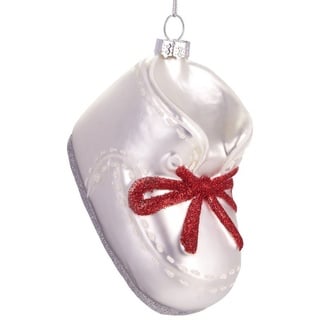 BRUBAKER Christbaumschmuck Handbemalte Weihnachtskugel Babyschuh mit Schleife, niedliche Weihnachtsdekoration aus Glas, mundgeblasenes Unikat - ca. 9 cm rot|weiß