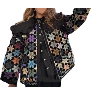Vagbalena Damen Y2k Blumen Kurze Steppjacke Winter Pullover Kurz Jacke Bunt Bedruckte Strickjacke Leichte Diamant-Karierte Jacke Mantel (Schwarz 1,M) - M