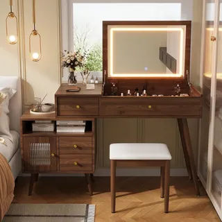 Merax Schminktisch Mit LED-Klappspiegel mit 3 Lichtfarben, 2-in-1 Kosmetiktisch, Schreibtisch Mit Hocker, 3 Schubladen, Schminkkommode, Nussbaum - Braun