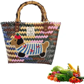 Korbtasche, Dackel Korbtasche Geflochtene, Shopper Tasche Damen, Vintage Einkaufskorb Basttaschen Damen Sommer, Wasserdicht Einkaufstasche Geflochtene Tasche für Shopping Reisen (Dackel)