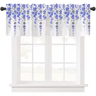 Ausing Kurze Küchenvorhänge mit Blumenmuster, Blaue Ranken | bedruckte Volants und Lagen, moderne Dekoration für das Schlafzimmer