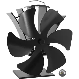 HAWCAFU 6-Blatt Ofenventilator Ohne Strom – Wärmebetriebener Kaminlüfter mit Thermometer, Leiser Betrieb Kaminventilator, Kompatibel mit Holz-, Kamin- & Pelletofen
