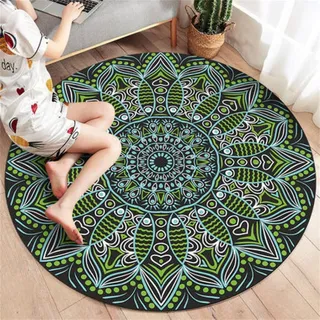 Hearda Einfaches Mandala Teppich Rund Reppich Schlafzimmer, Pflegeleicht Innenbereich Runder Teppich, Waschbarer rutschfest fürs Wohnzimmer, Büro Dekorieren (Grün,60cm)