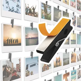 20 Stück Schwarzen Selbstklebende Bildklammern - Bilderrahmen, Fotowand Halter, Bilderrahmen mit Klammern und Leine, Fotorahmen, Fotovorhang, Postkartenhalter, Fotoseil, Fotohalter