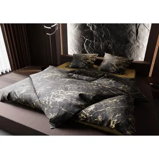 Bettwaesche-mit-Stil Mako Satin Bettwäsche Marmor schwarz/Gold (Garnitur 240x220 + 2X 80x80)