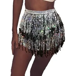 Bufenia Damen Bauchtanz Hüftrock Quaste Pailletten Hüftschal Riemchen Wrap Rave Röcke Halloween Kostüm Club Festival (Silber schwarz) - Einheitsgröße