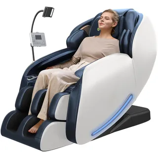 Real Relax 2026 Massagesessel Ganzkörper, Zero Gravity SL-Track Shiatsu-Massage-Liegesessel mit Telefon-Controller und Halterung, Kindersicherung, Pause-Taste und LED-Beleuchtung, Favor-06, Blau-Weiß
