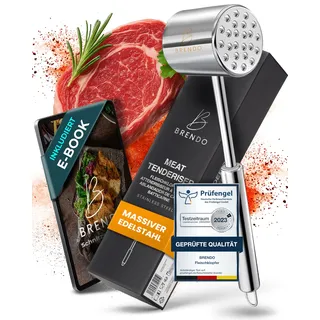 Brendo Premium Fleischklopfer aus Massiven Edelstahl I Doppelseitig mit Flacher & zackiger Schlagfläche für alle Fleischsorten I + E-Book Rezept I Spülmaschinenfest I Schnitzelklopfer