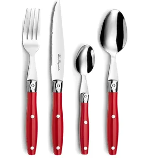 Lou Laguiole Steakbesteck | Steakmesser Set 24-teilig | Besteck für 6 Personen | Rot | Wellenschliff Messer Essbesteck | Besteck Set