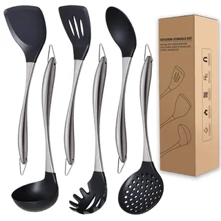 Küchenutensilien-Set, großes Antihaft-Silikon-Kochutensilien-Set, 6-teilig, aus hitzebeständigem Silikon in Lebensmittelqualität und Edelstahlgriffen, leicht zu reinigen, Küchenhelfer-Set (Silber)