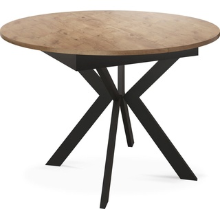 Runder ausziehbarer Esstisch mit schwarzen Metallbeinen - Aufbewahrung der Erweiterungsplatte im Inneren - Industrieller Rund Tisch für Wohnzimmer...