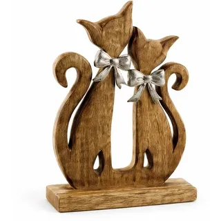 Logbuch-Verlag Katzenpaar Figur aus Mangoholz mit Aluminium Deko 21,5x15 cm – Katzen Dekofigur Natur-Silber zum Aufstellen, romantische Holzdeko für Zuhause
