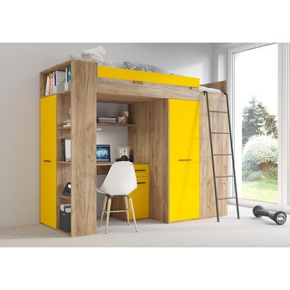 Domando Hochbett Hochbett Vinci Breite 236cm, integrierte Schränke, Schreibtisch, Regal, Spiegel gelb
