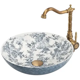 wohnwerk.idee Aufsatzwaschbecken Waschbecken rund Keramik Vintage Muster Badwaschbecken Blau Braun blau