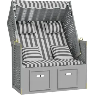 vidaXL Strandkorb mit Kissen Gartenliege Volllieger Sonnenliege Sonneninsel Strandliege Zweisitzer Liege Strand Poly Rattan Massivholz Grau Weiß