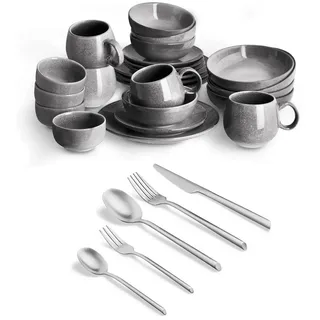 Springlane Geschirr-Set SPRINGLANE Geschirrset Misty Cliff 24-tlg. inkl. Besteck Set 20-tlg. (24-tlg), 4 Personen, Steingut (Geschirr), Edelstahl (Besteck), spülmaschinenfest