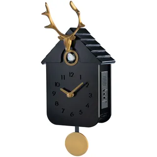 Holz-Kuckucksuhr mit Hirsch-Deko, Nachtruhe-Funktion, schwarz-golden