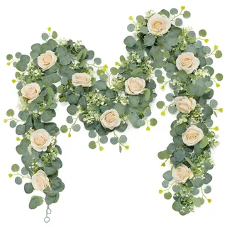 Dremisland 2 Stück Künstliche Blumengirlande Champagner Eukalyptus Girlande Deko Seidenblumen Frühling Rosengirlande Kunstblumen Girlande Hängepflanze Blumenranken für Hochzeit Tischdeko Party Garten