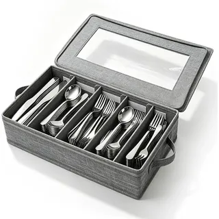 PolkaHome® Besteckkasten mit Deckel, Besteckbox mit 5 verstellbaren Fächern, Besteckeinsatz für Messer, Löffel, Gabel, Küche, - Grau