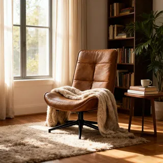 MEUBLE Cosy Relaxsessel Bequemer Drehsessel höhenverstellbar für Wohnzimmer, Moderner Lehnstühle mit Wippfunktion, Weicher Wildleder & Schwarze Metallbeine, Braun