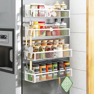 AUFWORLD Magnetisches Gewürzregal für Kühlschrank, 4 Pack magnetisches Regal, Kühlschrank-Magnet-Organizer mit 8 beweglichen Haken,magnetisches Kühlschrankregal für Küchenorganisation und Aufbewahrung