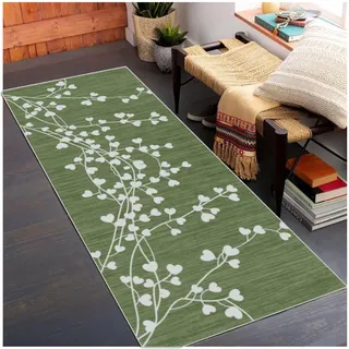 Siunwdiy Teppichläufer Grün 70x200cm Modernes Flur Küche rutschfest, Waschbarer Langteppich für Korridor Schlafzimmer, Küchenteppich Läufer Polyester Meterware Wohnzimmer Teppich Eingangsteppich