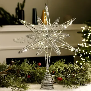 Christbaumspitze Stern, LED Weihnachtsdeko Tannenbaum Spitze, Batteriebetriebene, Weihnachtsbaumspitze Stern, Christmas Tree Topper, Weihnachtsstern Baumspitze für Weihnachten Deko (Silber)
