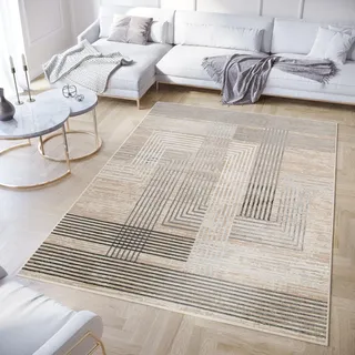 TAPISO Crystal Teppich Kurzflor Glänzend Dunkelgrau Hellgrau Weiß Beige Streifen 3D Effekt Wohnzimmer Schlafzimmer Modern Design ÖKO-TEX 160 x 220 cm
