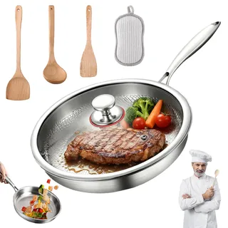 Ruileyou Titan Pfanne, Titanpfanne Mit Deckel und Spatel, Titanium Pfanne für Non-Stick, TitanPfanne Unbeschichtet, Kratzfest, Geeignet für Alle Herdarten (Mit Deckel, 32cm)