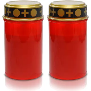 2x LED Grabkerze Grableuchte Dauerbrenner mit realistischem Flackereffekt - 12cm hohe 7cm runde rote Friedhofskerze Batteriebetrieb lang leuchtende Grablaterne Gedenkkerze für jedes Wetter (2 Kerzen)