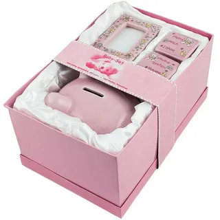 Brubaker Mein erstes Sparschwein - Geschenkset für erstes Spargeld, Milchzähne, Haare inkl. Bilderrahmen - Baby Geschenk für Taufe und Geburt - Rosa