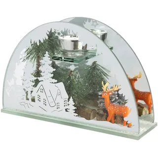 Dekoriertes Deko-Objekt aus Glas mit Hirsch Tannenzweigen Tannenbaum Kerzenhalter Weihnachtsdeko Dekoration Weihnachten Glas Geschenk Dekoobjekt Ornamente 3D Bild