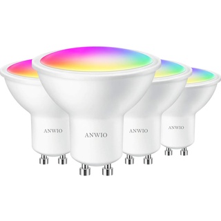 ANWIO GU10 Smart Lampe, Wlan Alexa Glühbirnen, Wifi LED Leuchtmittel, 5W ersetzt 32W, 350LM, RGB, Warmweiß und Kaltweiß, Dimmbar per App oder Sprache, Kompatibel mit Alexa Echo, Google Home, 4 Pack