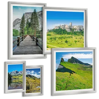 BILDER SET 5er Set - 50x50 cm & 20x30 cm & 40x60 cm Silberner Rahmen - Wasserfälle, Berge, Wolken, Herbst