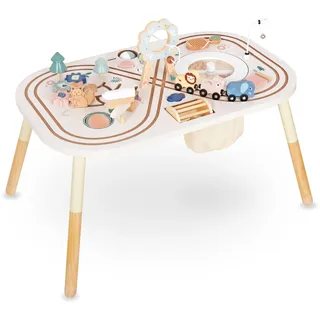 Mamabrum Holz-Lerntisch für Kinder mit 10 Aktivitäten für Kinder 3+, Montessori Spielzeug, Motorikschleife, Formsortierer, Labyrinth, und Eisenbahnset