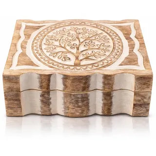 The Great Indian Bazaar Schmuckkasten, Baum des Lebens, Dekorativ, Holz, Weiß, Schmuck-Organizer, Schatzkasten, 22 x 15 x 7 cm