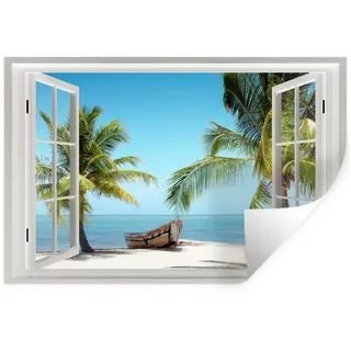 MuchoWow Wandsticker Aussicht - Strand - Palme - Boot - Tropisch - Meer - Blau (1 St), Wanddeko, Aufkleber, Wandtattoo, 90x60 cm bunt 90 cm x 60 cm x 0.1 cm