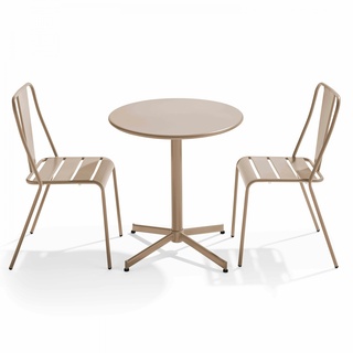 Oviala Business Set aus rundem Tisch und 2 Bistro-Terrassenstühlen aus taupefarbenem Metall - Oviala