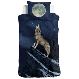 ESPiCO Bettwäsche Wolf Vollmond, Renforcé, 2 teilig, Raubtier, Sterne, Mond beige|blau|grau
