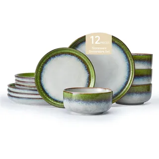 HIKAA Steingut Geschirrset 4 Personen, Landhausstil Teller Set 12tlg. Grün | Tafelservice 4 Personen Mikrowellen und Spülmaschinenfest,Kratzfest Geschirr Set,Vintage Service & Geschirrsets,Kombiservice