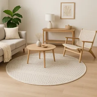 Myflair Wollteppich "Wooly Nature", natur,weiß, H:10mm Ø:200cm, Baumwolle, Wolle, MYFLAIR MÖBEL & ACCESSOIRES, Teppiche, Handwebteppich, reine Wolle, Scandi Design, handgewebt, Wohnzimmer
