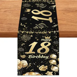 Tischläufer 18 Geburtstag,35 x 180 cm Schwarz GoldGeburtstag Tischläufer,TischläuferGeburtstag Schwarz Gold,Tischdecke 18Geburtstag,Happy 18th Birthday Table Runner,Party Tisch Deko 18.Geburtstag