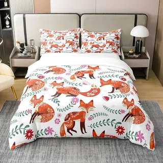 Netter Fuchs 100% Bio-Baumwolle Bettbezug,Weißer Brauner Muster Tröster Bezug für Kinder Mann Frau,Rosa Rote Blume Bettwäsche Set,Natürliche Wildlife Bettbezug 135x200 Atmungsaktiv