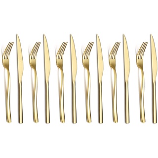 HOMQUEN Gold Steak Besteckset 12-Teilig, Premium Edelstahl 6 Tafelgabeln und 6 Tafelmesser-Set, Steakmesser Steakgabeln für 6 Personen, Spülmaschinenfest (Glanzendes Gold)