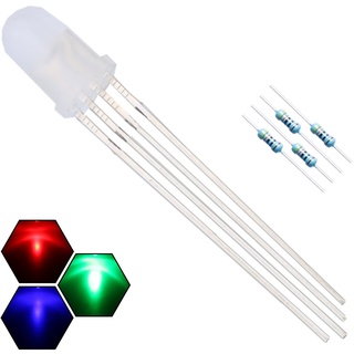 Edgelec LED-Leuchtdioden mit Diffusor, runder Oberseite, 29 mm, Bleirahmen + Widerstände für DC 6–12 V, Leuchtdiode Classic 5mm Constant Light [25] RGB dreifarbig (Common Cathode),100 Stück.