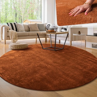 Paco Home Waschbarer Teppich Wohnzimmer Schlafzimmer Kurzflor rutschfest Flauschig Weich Moderne Einfarbige Muster, Grösse:80 cm Rund, Farbe:Kupfer