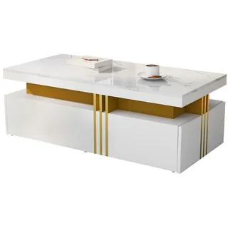 IDEASY Couchtisch Moderner Couchtisch Schubladentisch Rechteckig Hochglanz Marmor Optik (1 Tisch), Hochglanz, Metallumrandung, 2 Schubladen, 100x50x40cm weiß