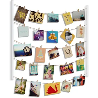 Umbra Hangit Fotowand – Collagenbilderrahmen mit Drahtgarn und Mini Wäscheklammern zum Aufhängen von Fotos, Bildern, Postkarten und Kunst, Weiß