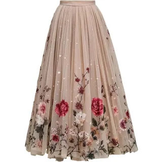 Langer Rüschenrock Großer, fließender Rock aus Netzstoff mit Blumenmuster for Damen, A-Linie, hohe Taille, mittellang(L) - L